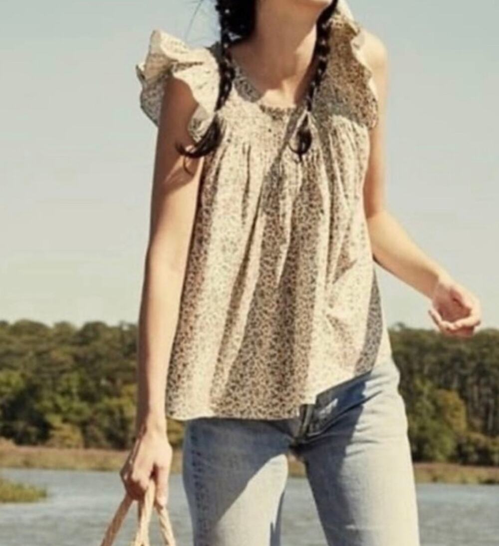 DOEN April Top in Green Summer Nectar Floral Print M